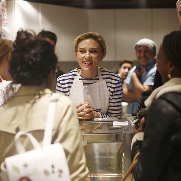 Scarlett Johansson is all smiles as she opens her Parisian popcorn shop  Yummy Pop