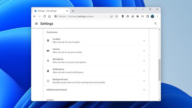 Site permissions in Google Chrome