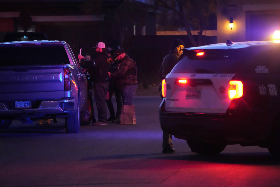 Las Vegas police work near the home of former actor Nathan Lee Chasing His Horse, who goes by Nathan Chasing Horse, Tuesday, Jan. 31, 2023, in North Las Vegas, Nev. Authorities raided the home of the former actor Tuesday in connection with a sexual assault investigation. (AP Photo/John Locher)