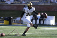 Vanderbilt place kicker Sarah Fuller warms up before the start of an NCAA college football game against Missouri Saturday, Nov. 28, 2020, in Columbia, Mo. (AP Photo/L.G. Patterson)