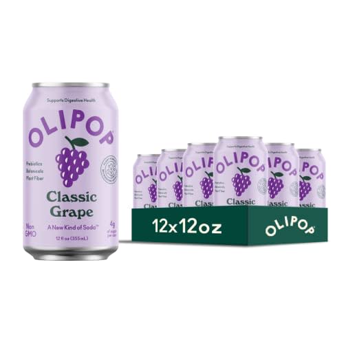 OLIPOP - Classic Grape Sparkling Tonic, Healthy Soda, Prebiotic Soft Drink, Aids Digestive Health & Immune Health, High in Plant Fiber, Caffeine Free, Low Calorie, Low Sugar (12 oz, 12-Pack)