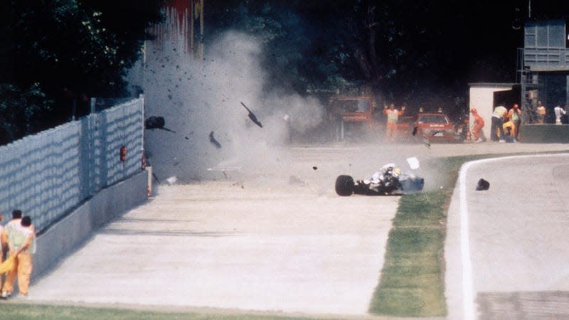 Formula One racer Ayrton Senna crashes into a wall during the 1994 San Marino Grand Prix in Imola, Italy. Senna later died at the Maggiore Hospital in Bologna.