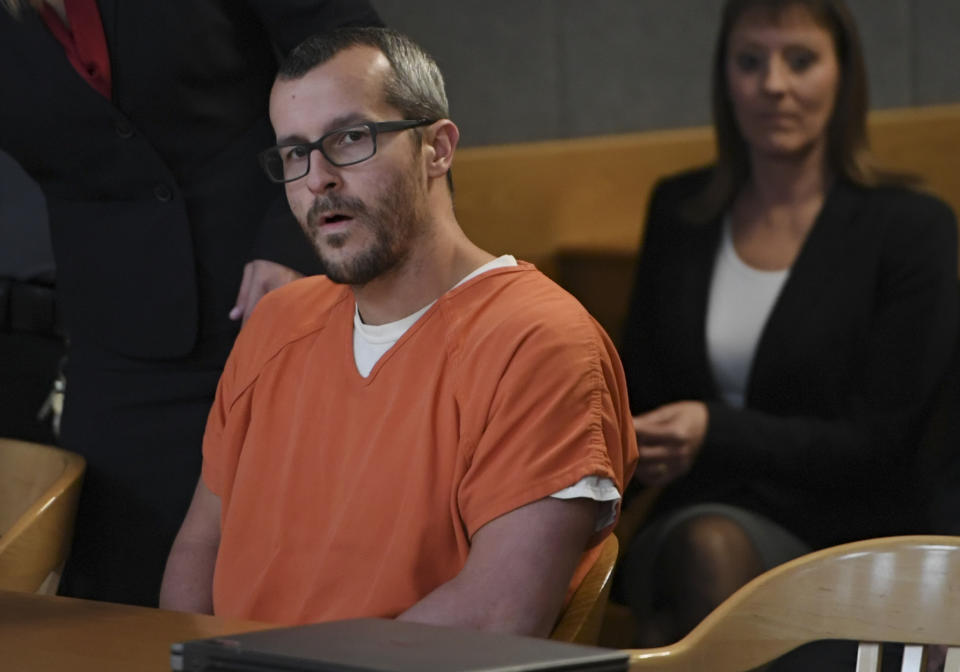 Christopher Watts sits in court for his sentencing hearing at the Weld County Courthouse in November 2018.