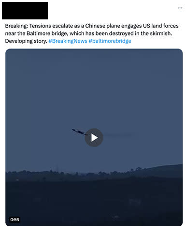 A video purporting to show a Chinese plane near the Baltimore Bridge has been branded fake. 