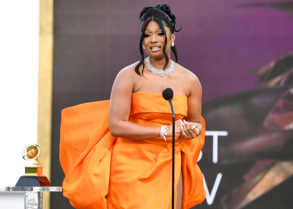 Megan Thee Stallion accepting her Grammy