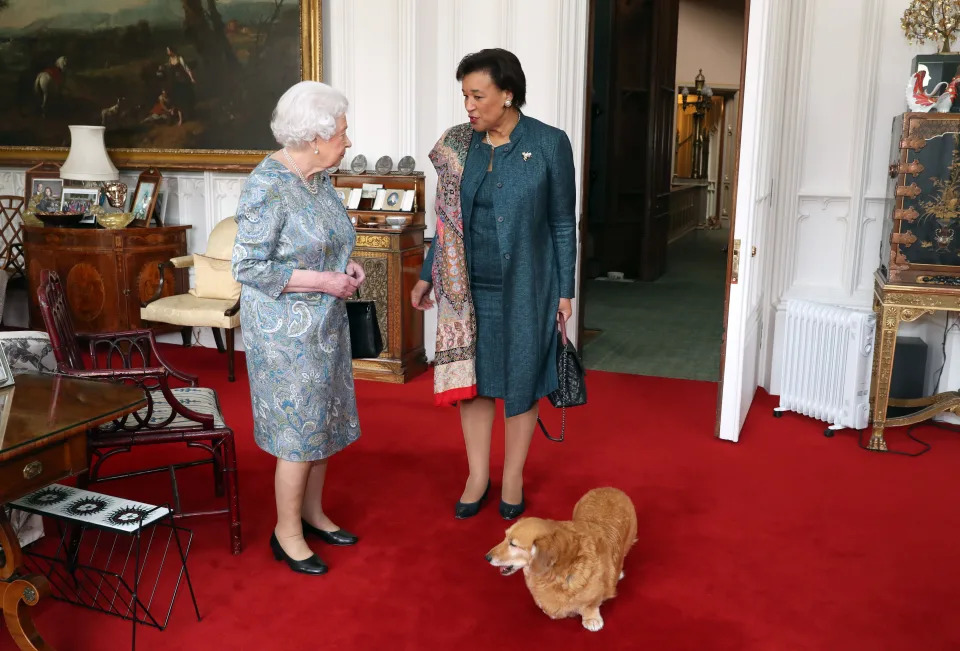 Queen Elizabeth II (left) receives the Commonwealth Secretary-General, Baroness Patricia Scotland, during an audience in the Oak Room at Windsor Castle, Berkshire.