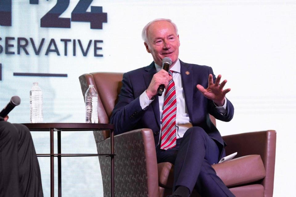 Former Arkansas Governor Asa Hutchinson speaks during the Vision 2024 National Conservative Forum at the Charleston Area Convention Center in Charleston, South Carolina, on March 18, 2023.