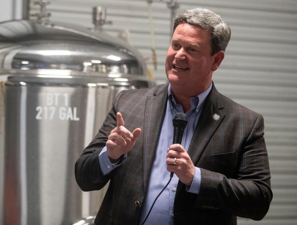 Tallahassee Mayor John Dailey speaks at the Pups and Politicians fundraiser at Deep Brewing Company on Thursday, July 14, 2022 in Tallahassee, Fla. 