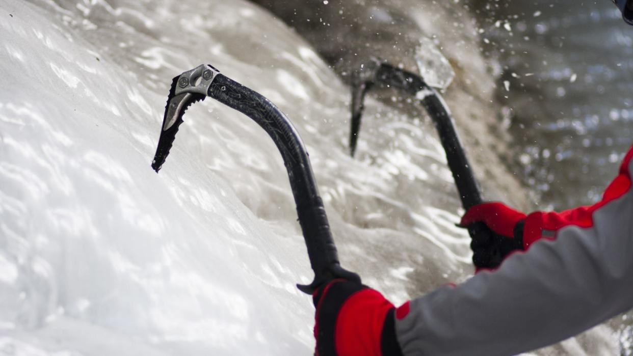 close up of ice axes on ice