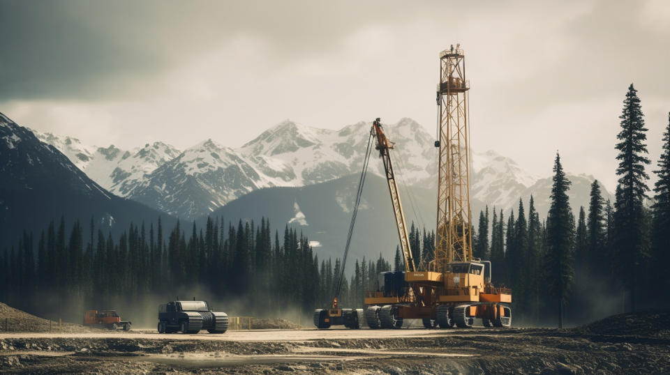 A drilling rig in action in the Western Canadian wilderness, showing the companies focus on exploration and production.