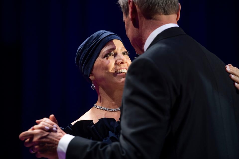 First Lady Maria Lee looks to her husband, Gov. Bill Lee as they dance together during the Inaugural Ball at The Fisher Center in Nashville , Tenn., Saturday, Jan. 21, 2023.