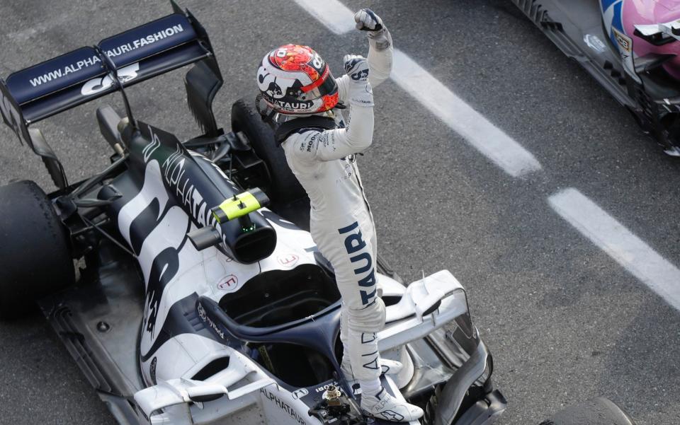 AlfaTauri driver Pierre Gasly of France celebrates winning the Italian Formula One Grand Prix, at the Monza racetrack in Monza, Italy, Sunday Sept. 6, 2020 - AP Pool/ Luca Bruno