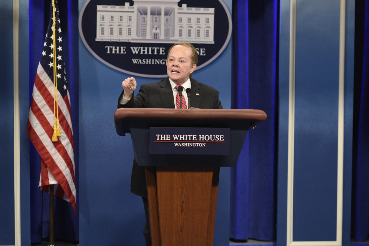 Melissa McCarthy impersonates White House press secretary Sean Spicer during &ldquo;Saturday Night Live's&rdquo; 42nd season. (Photo: Will Heath/NBC/NBCU Photo Bank via Getty Images)