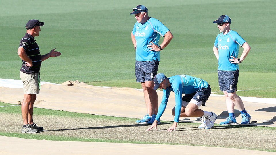 Joe Root and Chris Silverwood, pictured here talking to Adelaide Oval curator Damian Hough.