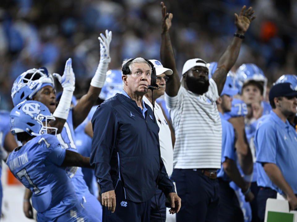 CHARLOTTE, NORTH CAROLINA – SEPTEMBER 02: Head coach Mack Brown of the North Carolina Tar Heels looks on after a touchdown against the South Carolina Gamecocks during the second half of the game at Bank of America Stadium on September 02, 2023 in Charlotte, North Carolina. North Carolina won 31-17. (Photo by Grant Halverson/Getty Images)