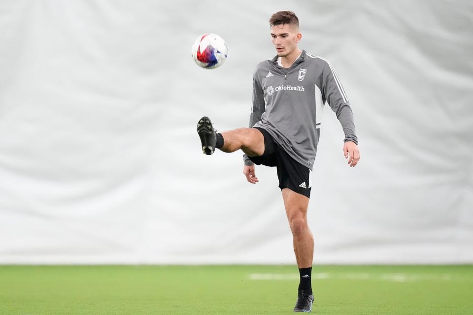 Jan 11, 2023; Columbus, Ohio, USA;  Columbus Crew homegrown player Keegan Hughes, a Heath graduate, practices during training at the OhioHealth Performance Center. Mandatory Credit: Adam Cairns-The Columbus Dispatch