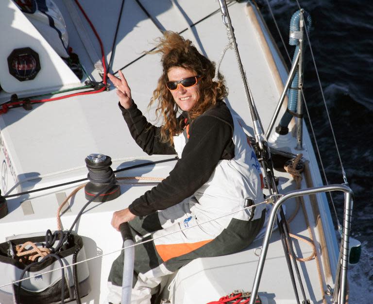 French skipper Florence Arthaud aboard the monohull "Deep Blue" during a training session off Ouessant Island (Brittany), in France, October 23, 2007