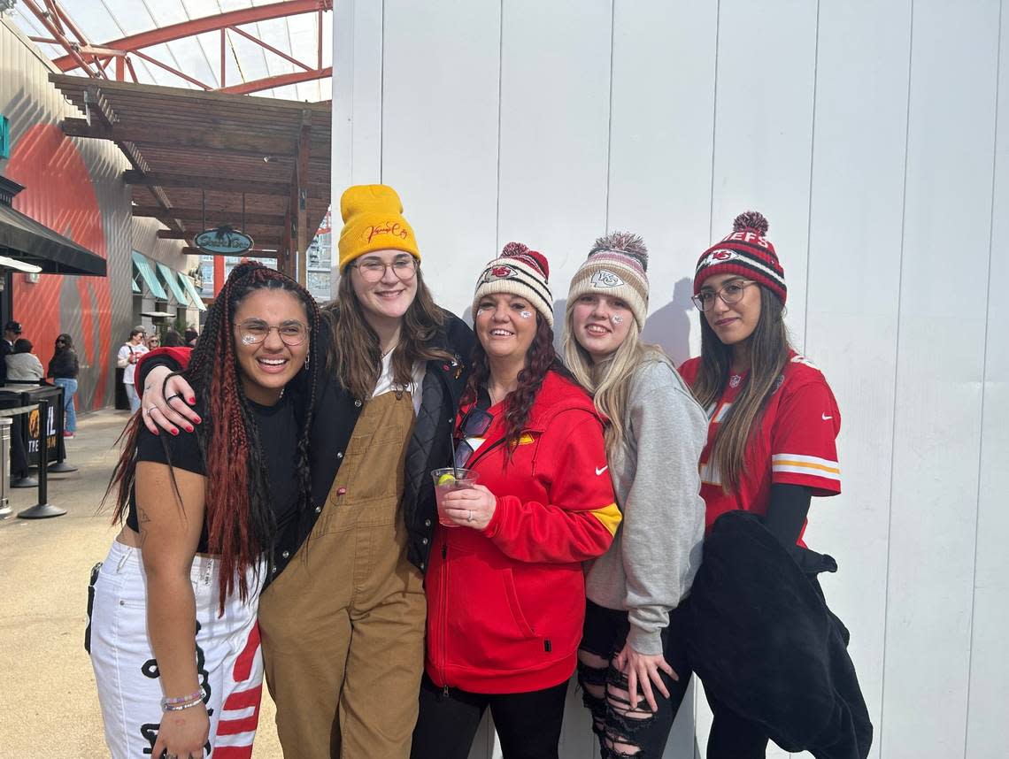 Chiefs fanbs Jordyn Thomas (from left) Lydia Appleby, Joey Kelly, Kya Davenport and Cinthia Camacho.