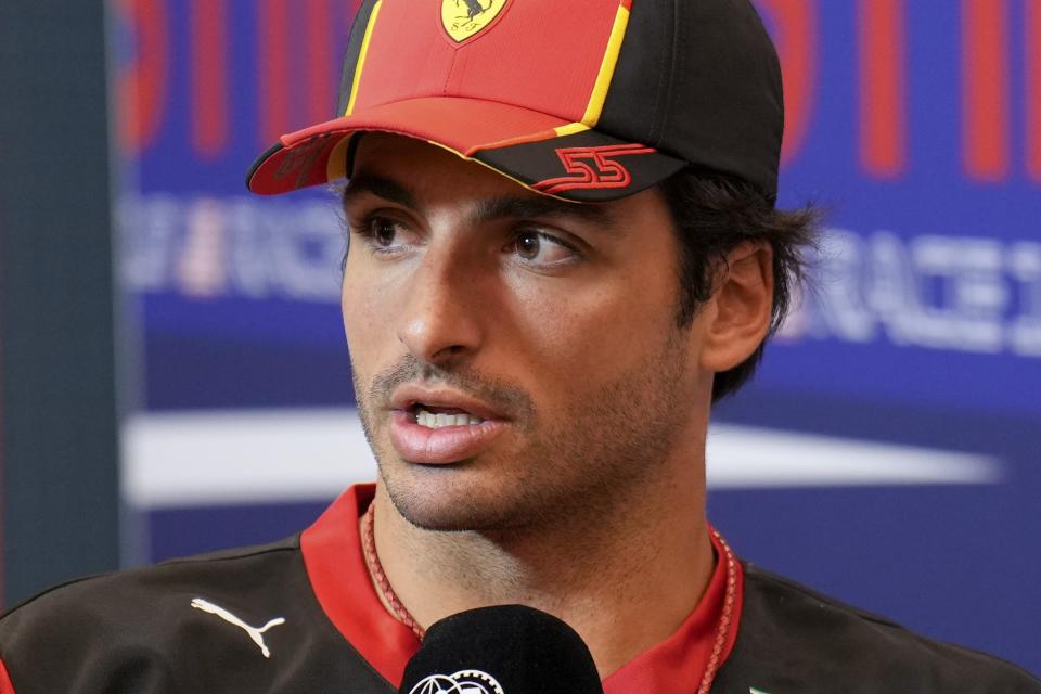 Ferrari driver Carlos Sainz, of Spain, speaks during a news conference before the Formula One U.S. Grand Prix auto race at Circuit of the Americas, Friday, Oct. 20, 2023, in Austin, Texas. (AP Photo/Nick Didlick)