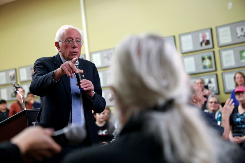 FILE PHOTO: Democratic U.S. presidential candidate Senator Bernie Sanders speaks during a town hall in Anamosa