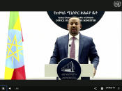 In this image made from UNTV video, Abiy Ahmed, Prime Minister of Ethiopia, speaks in a pre-recorded message which was played during the 75th session of the United Nations General Assembly, Wednesday, Sept. 23, 2020, at U.N. Headquarters. (UNTV Via AP )