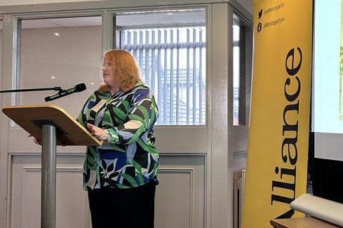 Party leader Naomi Long addressing guests and party members at the business breakfast. (Photo: Submitted by East Antrim Alliance)