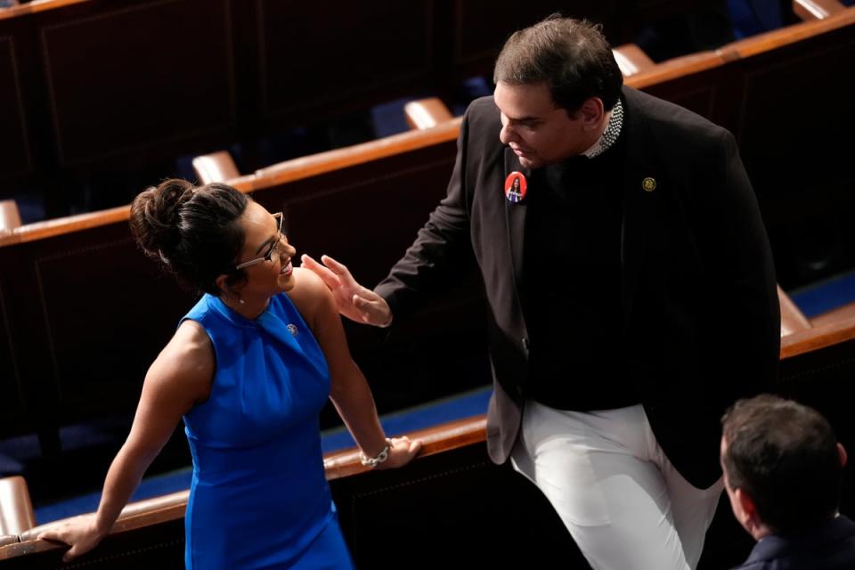 Rep. Lauren Boebert, R-Colo., and former Rep. George Santos, R-N.Y., talk before President Joe Biden delivers the State of the Union address to a joint session of Congress at the U.S. Capitol (AP)