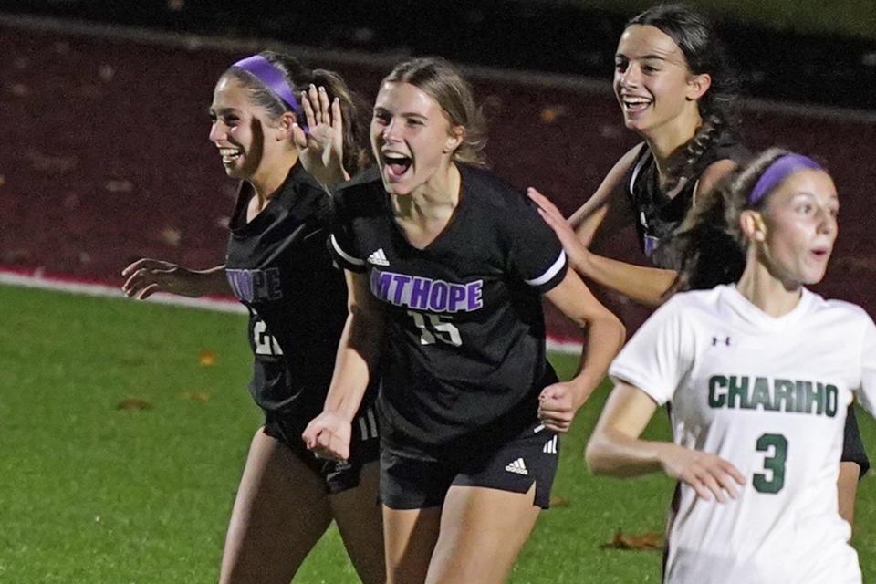 Mt. Hope freshman Sara Nencka reacts after scoring in the second half of Tuesday's RIIL Division I Girls Soccer Semifinals, a score that proved to be the game-winner in the Huskies' 1-0 victory over Chariho.