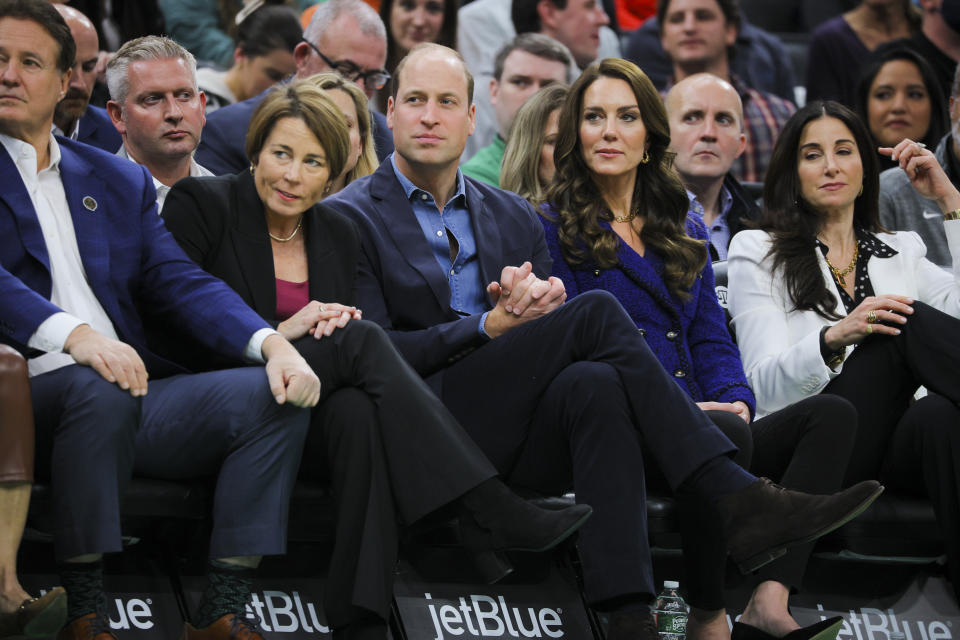 From left to right, Celtics owner Steve Pagliuca, Governor-elect Maura Healey, Britain's Prince William, Kate, Princess of Wales, and Emilia Fazzalari wife of Celtics owner Wyc Grousebeck watch an NBA basketball game between the Boston Celtics and the Miami Heat in Boston, Wednesday, Nov. 30, 2022. (Brian Snyder/Pool Photo via AP)