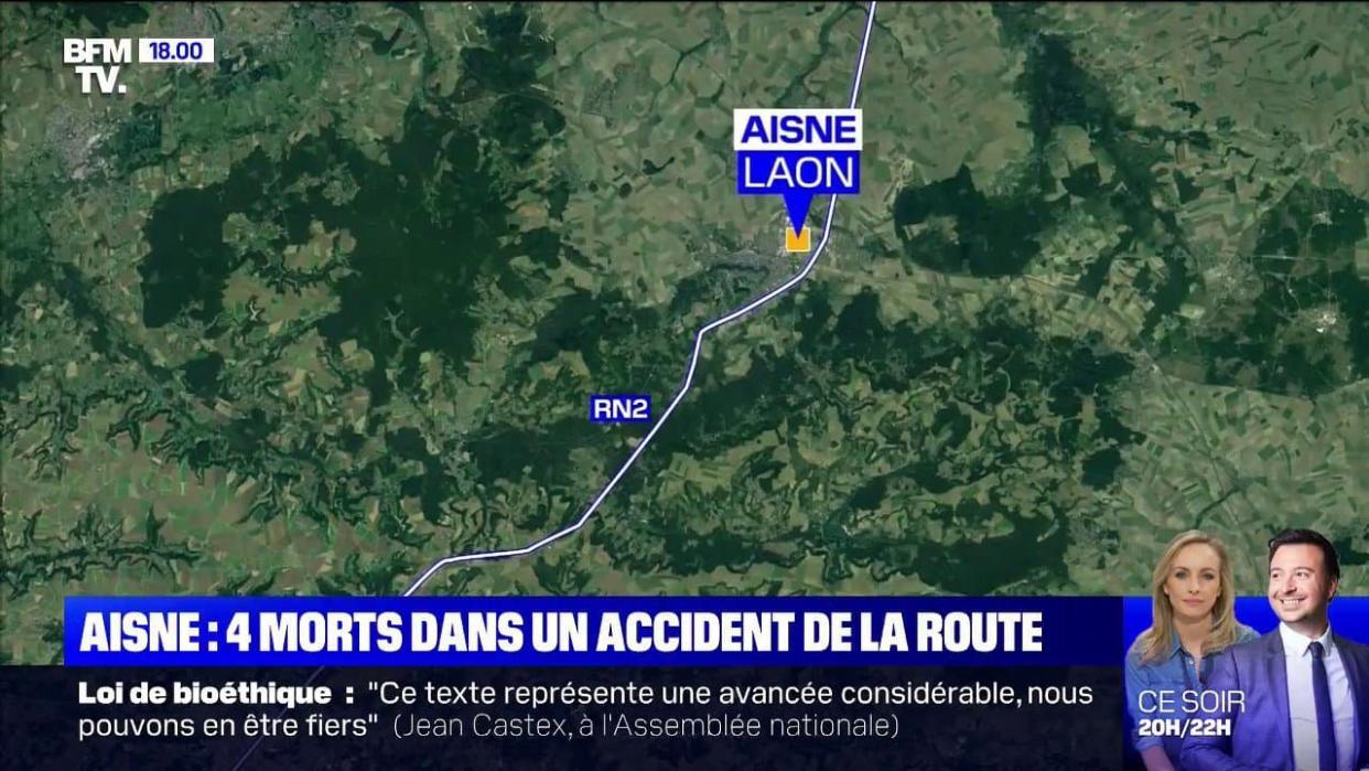 Un accident entre plusieurs véhicules, dont un poids sur la RN2 a fait quatre morts à Laon. Les victimes sont des enfants âgés de 9 à 14 ans. Selon les premiers éléments recueillis par BFMTV, le poids lourd a percuté un utilitaire qui a lui-même percuté une autre voiture qui a pris feu et dans laquelle se trouvaient ces enfants. - Brightcove