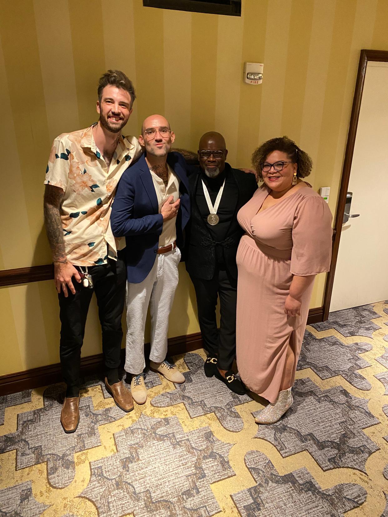 From left, chefs Caleb Stangroom, Zach Hutton, and Andrew Black, pose for a photo with The Oklahoman food and dining reporter, JaNae Williams, at Andrew Black's James Beard Award celebration in Oklahoma City. Hutton and Stangroom will collaborate on a pop-up Jan. 31.