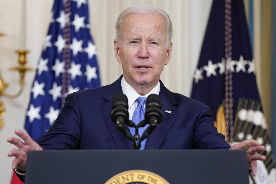 FILE - President Joe Biden speaks before signing the Ocean Shipping Reform Act in the State Dining Room of the White House, June 16, 2022, in Washington. Biden’s top political advisers are bracing for big midterm losses in November. They know that the party holding the White House nearly always losses congressional seats in the first midterm election of a new presidency. (AP Photo/Evan Vucci, File)