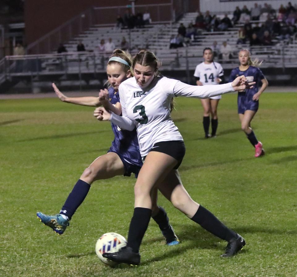 Marlene Beaty (3) battles a Trinity Prep player for control of the ball, Tuesday, January 30, 2024.