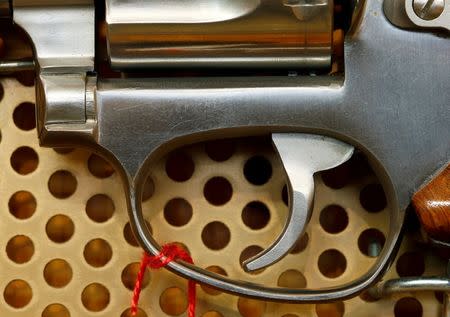 The trigger of a Brazilian Taurus revolver is seen at Wyss Waffen gun shop in the town of Burgdorf, Switzerland August 10, 2016. REUTERS/Arnd Wiegmann
