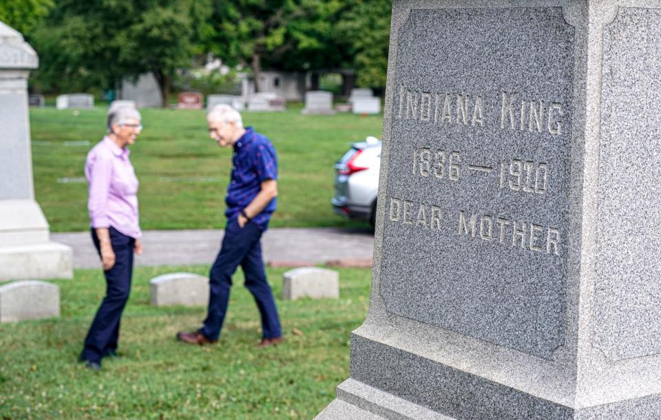 The monument for Cornelius and and America King is a favorite of longtime tour guide Tom Davis and his wife Marty Davis on Friday, August, 12, 2022, at Crown Hill Funeral Home and Cemetery in Indianapolis. Tom Davis jokes that "the cemetery has a few presidents and vice presidents, but only one king."