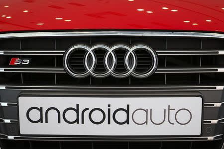 A German-imported Audi S3 with a custom "Android Auto" license plate is seen at the Google I/O developers conference in San Francisco in this June 26, 2014 file photo. REUTERS/Elijah Nouvelage/Files