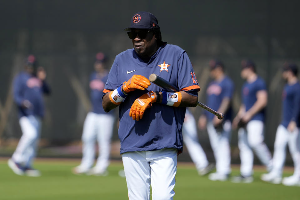 Houston Astros manager Dusty Baker watches his team during spring training baseball practice Tuesday, Feb. 21, 2023, in West Palm Beach, Fla. (AP Photo/Jeff Roberson)