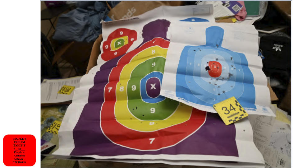 This image provided by the 4th Judicial District Attorney's Office shows bullet riddled shooting targets found by investigators in the bedroom of Laura Voepel, the mother of Club Q shooting suspect Anderson Lee Aldrich in Colorado Springs, Colo. (4th Judicial District Attorney's Office via AP)