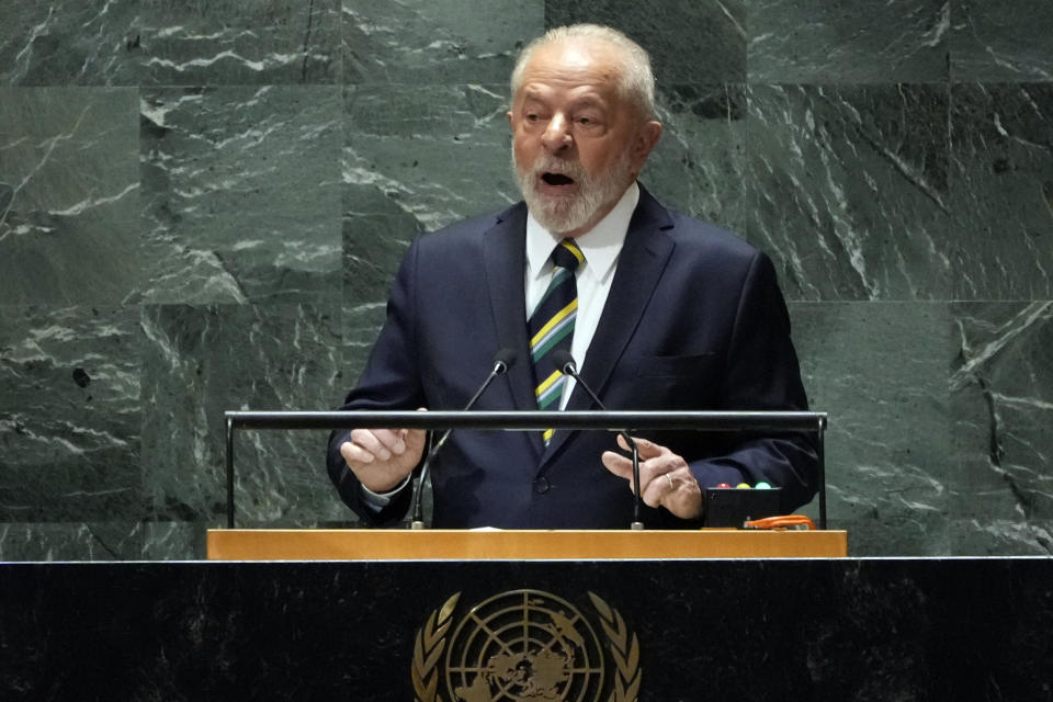 Brazil's President Luiz Inacio Lula da Silva addresses the 78th session of the United Nations General Assembly, Tuesday, Sept. 19, 2023. (AP Photo/Richard Drew)