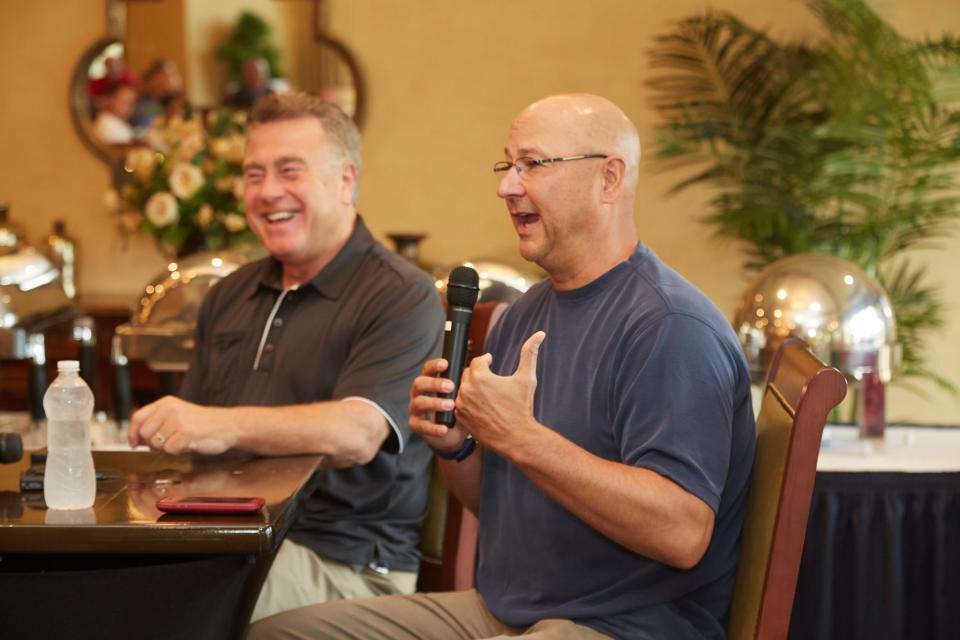 Former Guardians manager Terry Francona speaks while longtime team radio broadcaster Tom Hamilton laughs.