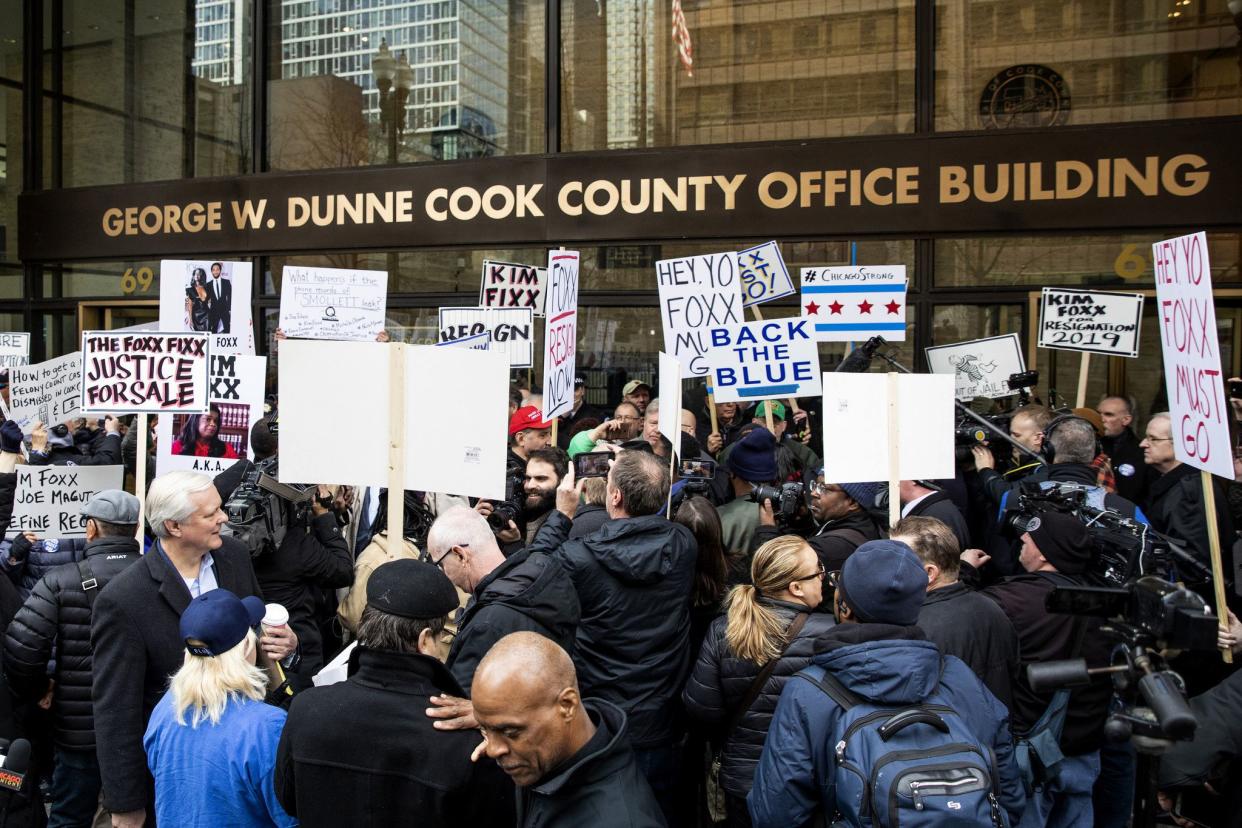 Members of the Fraternal Order of Police and supporters of the group protest against Cook County State's Attorney Kim Foxx outside the county administration building on April 1, 2019. Dueling rallies in downtown Chicago supported and criticized Foxx's performance in the Jussie Smollett case.