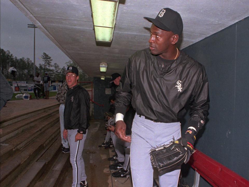 Michael Jordan prepares for his first game as a professional baseball player at the Hoover Metropolitan Stadium near Birmingham, AL. Jordan. (AP Photo/Dave Martin)