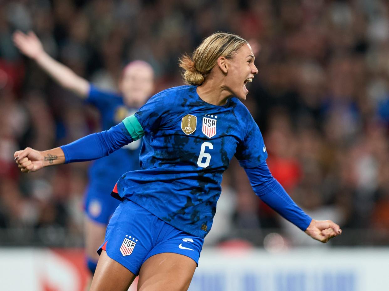 Trinity Rodman celebrates scoring an equalizer vs England that was subsequently waived off.