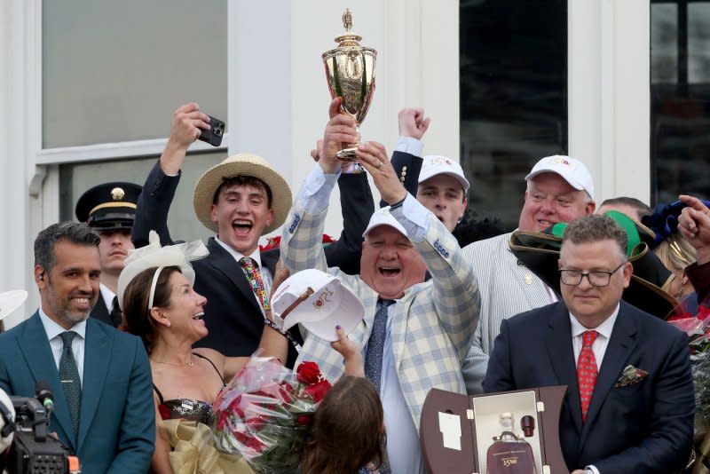 Trainer Kenny McPeek celebrates after Mystic Dan wins the 150th running of the Kentucky Derby at Churchill Downs on Saturday in Louisville, Ky. Photo by John Sommers II/UPI