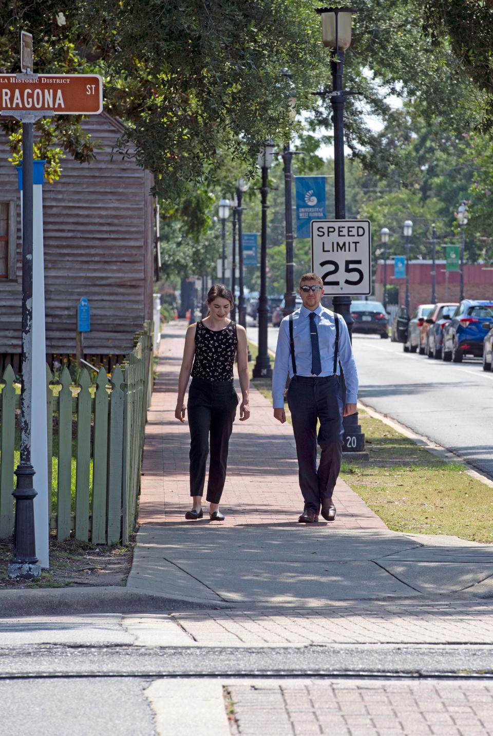 Stacy and Ryan Morrow stroll through the historic Pensacola Village on Tuesday, May 17, 2022. The Historic Village is one of 72-point interest on the new American's 1st Settlement Trail.