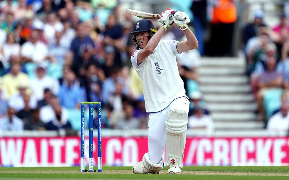 England's Zak Crawley strikes the ball for 4 runs on the first ball of the day during day three of the fifth LV= Insurance Ashes Series test match at The Kia Oval, London