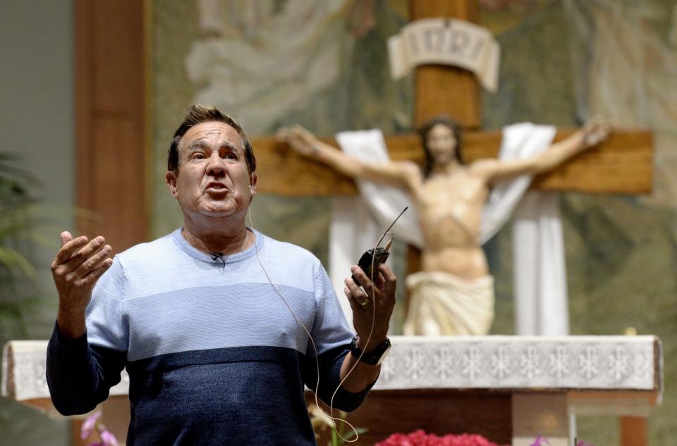 Joe Montanez, victim of sexual abuse by a now deceased Los Angeles priest, speaks during a healing service at Our Lady of the Assumption Church in Ventura on Tuesday.