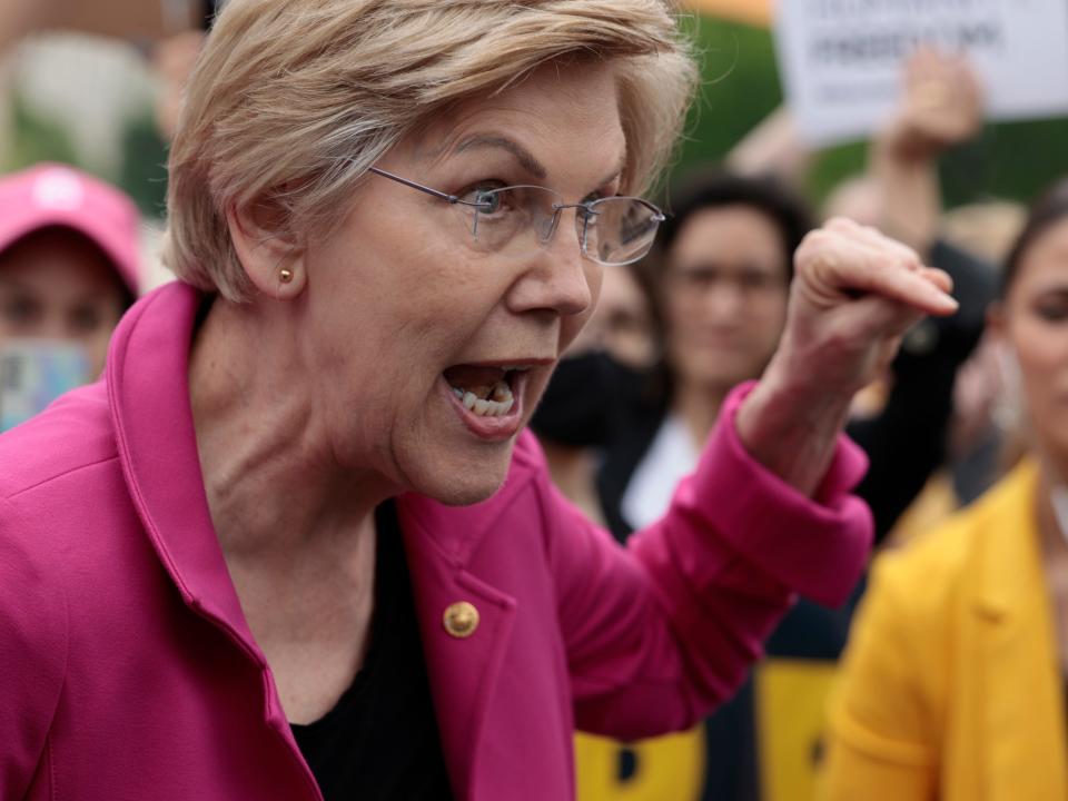 U.S. Sen. Elizabeth Warren (D-MA) speaks to pro-choice demonstrators outside of the U.S. Supreme Court Building on May 03, 2022 in Washington, DC.