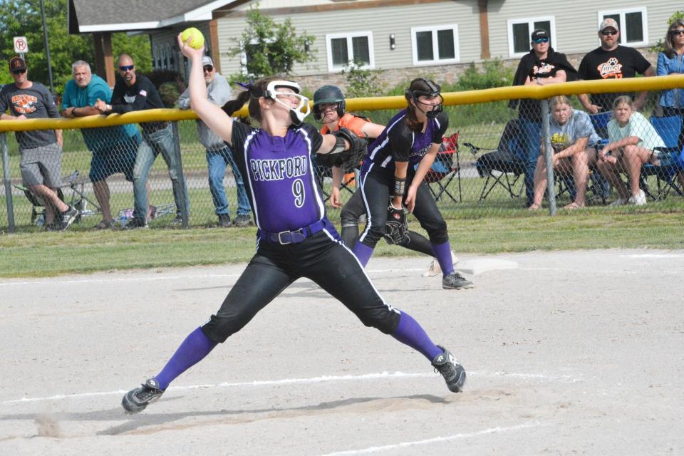 Pickford's Finley Hudecek (9) pitches against Hillman during the MHSAA Division 4 quarterfinals at Locey Field in Sault Ste. Marie Tuesday.