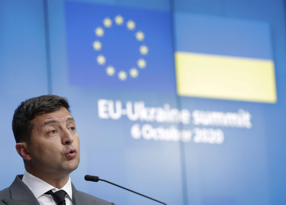 Ukrainian President Volodymyr Zelenskiy speaks during an online news conference at the end of the EU-Ukraine summit at the European Council in Brussels, Tuesday, Oct. 6, 2020. The leaders discussed ways to strengthen EU-Ukraine relations, the long-running conflict in eastern Ukraine and ways to help the country weather the impact of the coronavirus. (Stephanie Lecocq/Pool Photo via AP)